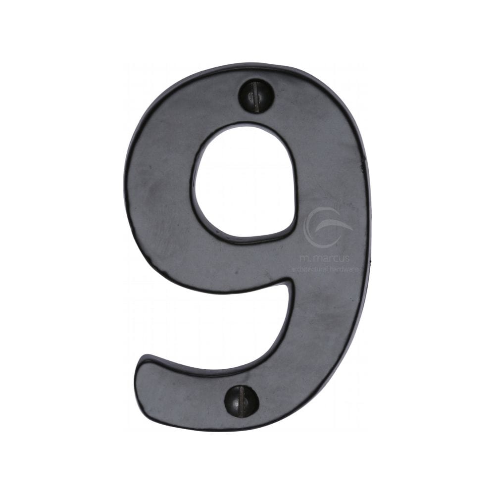 M.Marcus Door Furniture Matt Black / Numerals / 9 M.Marcus - Black Iron Rustic Numeral 9 Face Fix 76mm (3")