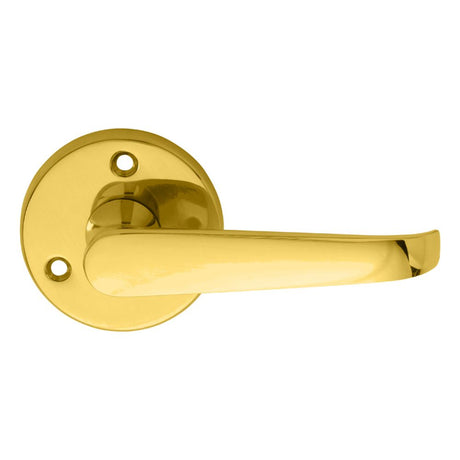 This is an image of a Carlisle Brass - Victorian Lever on Round Rose - Polished Brass that is availble to order from Trade Door Handles in Kendal.
