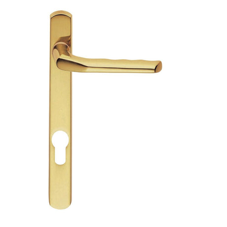 This is an image of a Carlisle Brass - Narrow Plate with Straight Lever 92mm c/c - Polished Brass that is availble to order from Trade Door Handles in Kendal.