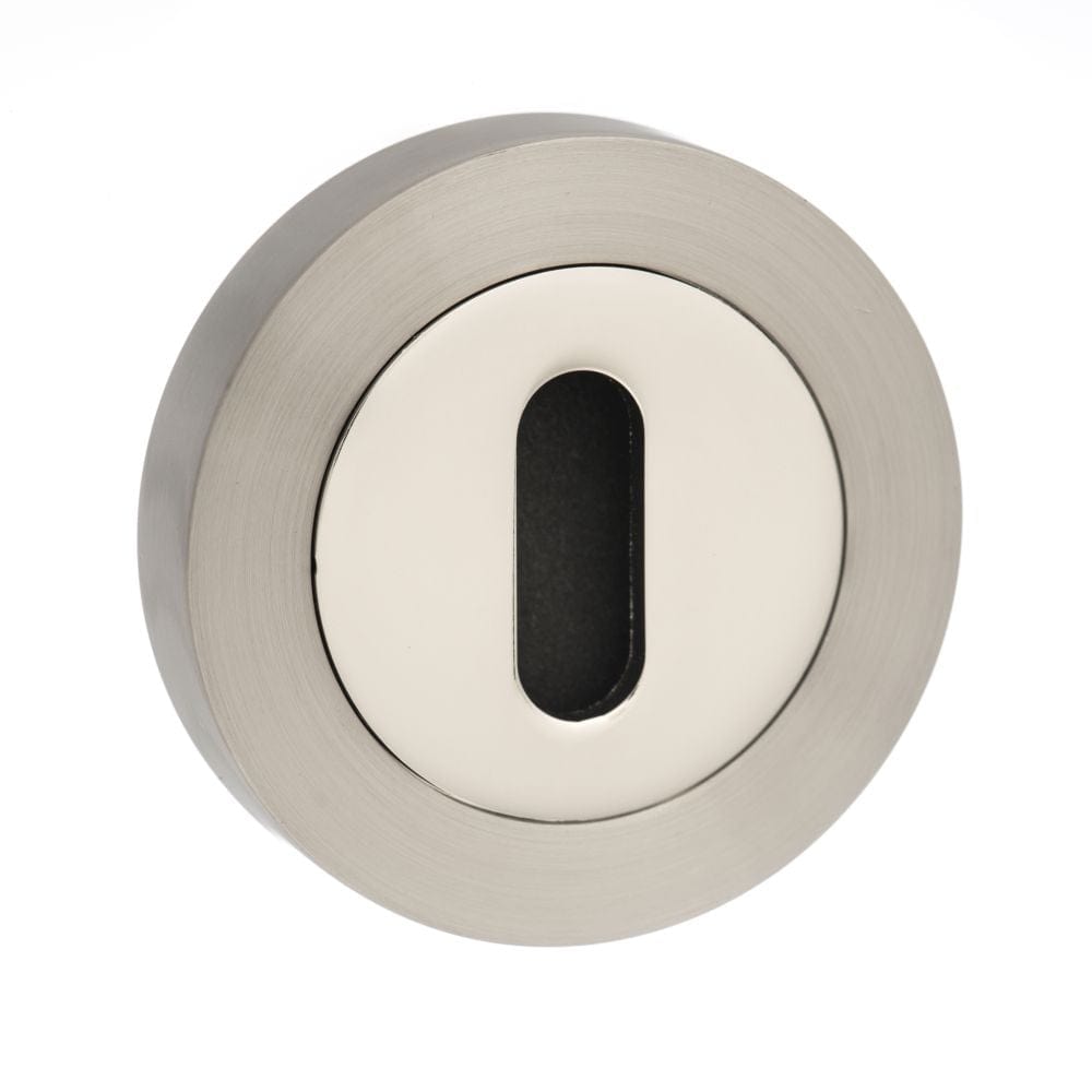 Mediterranean Door Furniture Satin Nickel/Polished Nickel / Mortice Key Profile Escutcheons Mediterranean Key Escutcheon on Round Rose - Satin Nickel/Polished Nickel