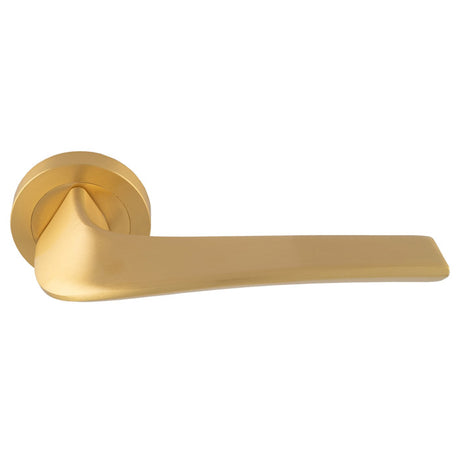 This is an image of a Manital - Master lever on round rose - Satin Brass ms5sb that is availble to order from Trade Door Handles in Kendal.