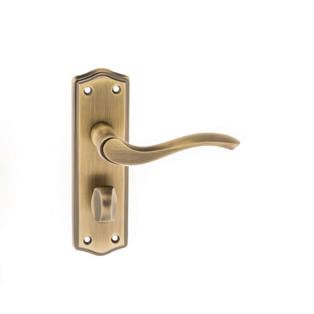 Old English Door Furniture Matt Antique Brass / Bathroom Lock Handles Old English Warwick WC Lever on Backplate - Matt Antique Brass
