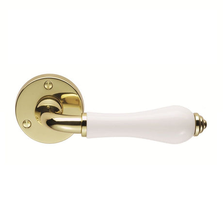 This is an image of a Carlisle Brass - Porcelain Lever on Round Rose Plain White - Plain White/Polishe that is availble to order from Trade Door Handles in Kendal.