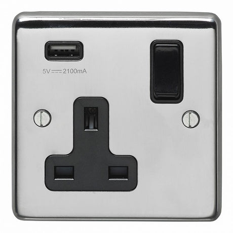 This is an image showing Eurolite Stainless Steel 1 Gang USB Socket - Polished Stainless Steel (With Black Trim) pss1usbb available to order from trade door handles, quick delivery and discounted prices.