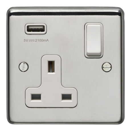 This is an image showing Eurolite Stainless Steel 1 Gang USB Socket - Polished Stainless Steel (With White Trim) pss1usbw available to order from trade door handles, quick delivery and discounted prices.