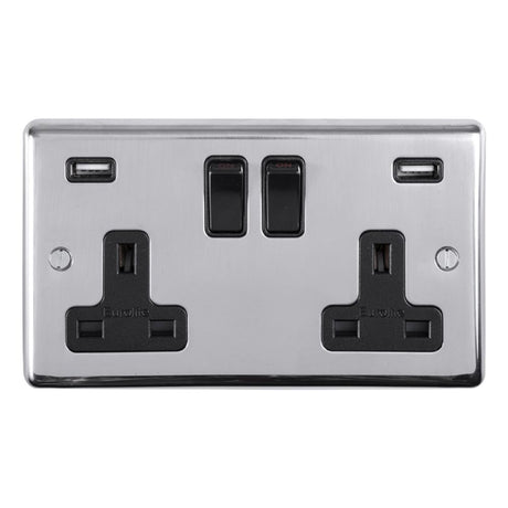 This is an image showing Eurolite Stainless Steel 2 Gang USB Socket - Polished Stainless Steel (With Black Trim) pss2usbb available to order from trade door handles, quick delivery and discounted prices.