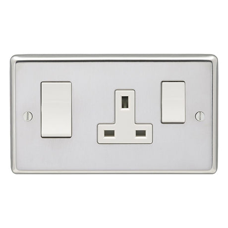 This is an image showing Eurolite Stainless Steel 45Amp Switch with a socket - Polished Stainless Steel (With White Trim) pss45aswasw available to order from trade door handles, quick delivery and discounted prices.