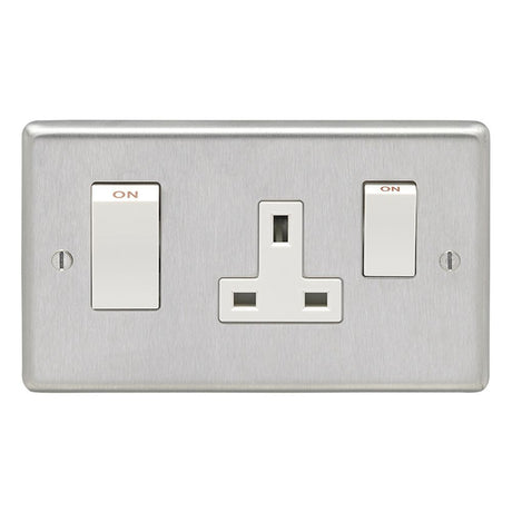 This is an image showing Eurolite Stainless Steel 45Amp Switch with a socket - Satin Stainless Steel (With White Trim) sss45aswasw available to order from trade door handles, quick delivery and discounted prices.