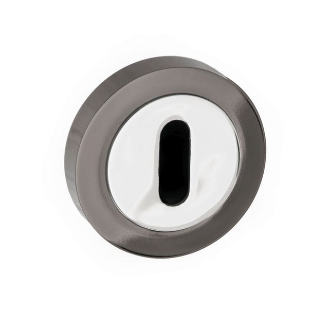 STATUS Door Furniture Black Nickel/Polished Chrome / Mortice Key Profile Escutcheons STATUS Key Escutcheon on Round Rose - Black Nickel/Polished Chrome