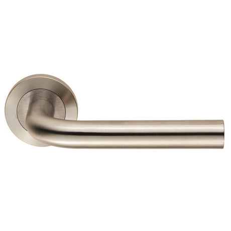 This is an image of a Eurospec - Steelworx SWL Spira Lever on Rose - Satin Stainless Steel that is availble to order from Trade Door Handles in Kendal.