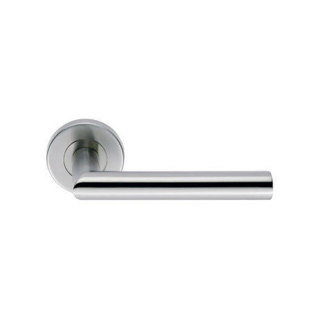This is an image of a Eurospec - Steelworx SWL Treviri Lever on Rose - Satin Stainless Steel that is availble to order from Trade Door Handles in Kendal.