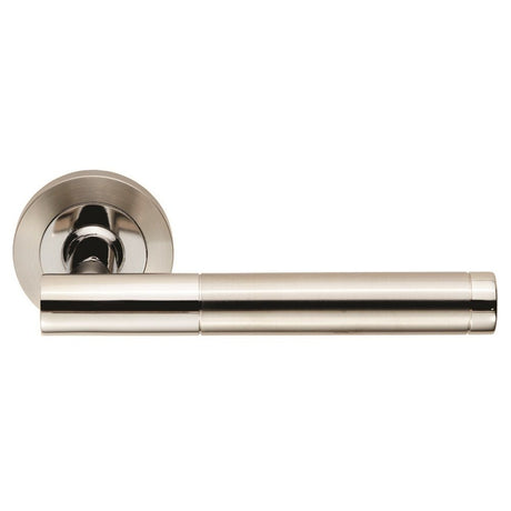 This is an image of a Eurospec - Steelworx SWL Philadelphia Lever on Rose - Bright/Satin Stainless Ste that is availble to order from Trade Door Handles in Kendal.