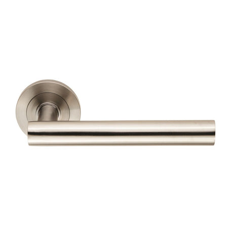 This is an image of a Eurospec - Steelworx SWL Philadelphia Lever on Rose - Satin Stainless Steel that is availble to order from Trade Door Handles in Kendal.