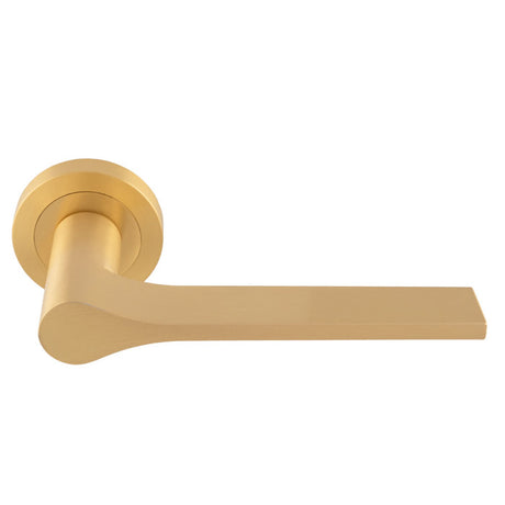 This is an image of a Manital - Vela Lever on Round Rose - Satin Brass vv5sb that is availble to order from Trade Door Handles in Kendal.