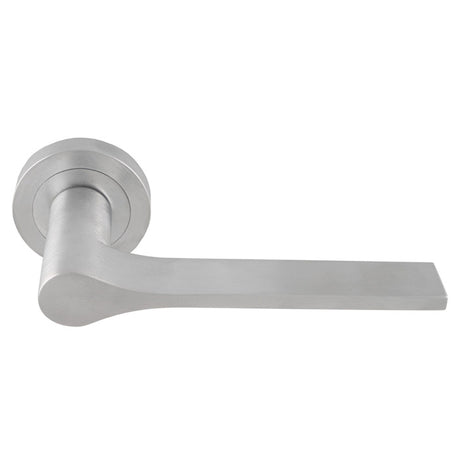 This is an image of a Manital - Vela Lever on Round Rose - Satin Chrome vv5sc that is availble to order from Trade Door Handles in Kendal.