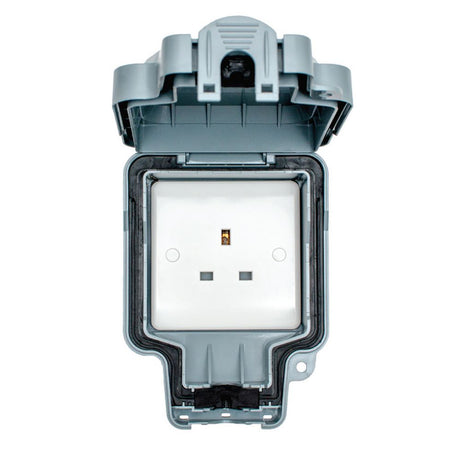 This is an image showing Eurolite Euroseal 1 Gang Unswitched Socket - Grey wp4030 available to order from trade door handles, quick delivery and discounted prices.
