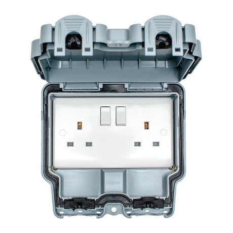This is an image showing Eurolite Euroseal 2 Gang Switched Socket - Grey wp4100 available to order from trade door handles, quick delivery and discounted prices.