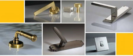 This image shows a selection of architectural ironmongery in various finishes  from Heritage Brass.  Available to order from Trade Door Handles