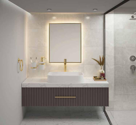 Images showing a bathroom with M.Marcus Bathroom Accessories in Satin Brass.  Available from Trade Door Handles