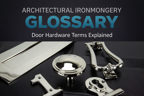 Architectural ironmongery glossary showing door hardware including door knocker, knob, escutcheon and letter plate