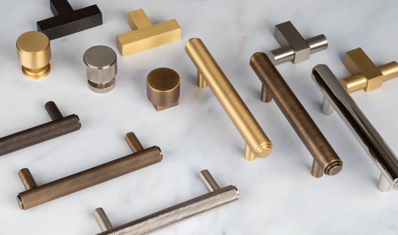 Image showing a range of cabinet hardware in various finishes from Frelan Hardware.  Available to order from Trade Door Handles in Kendal.