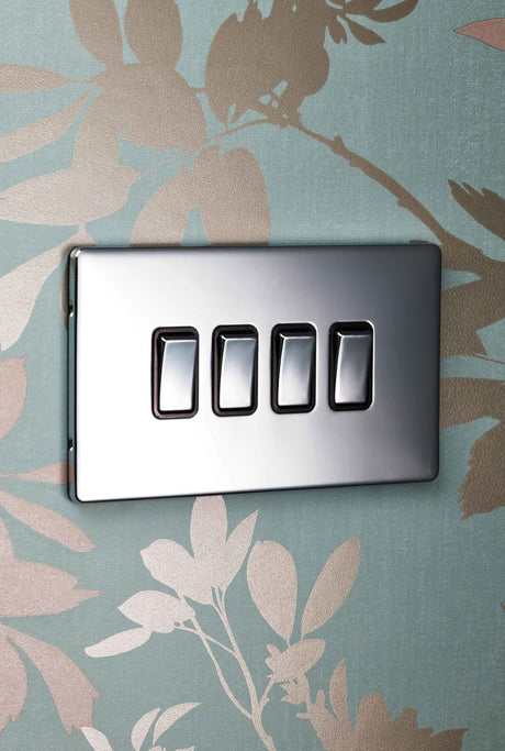 image showing a four gang light switch in satin chrome made by Eurolite