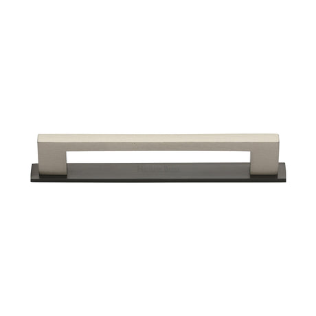 Two tone Metro cabinet pull on plate in matt bronze and satin nickel
