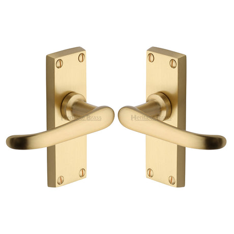 Heritage Brass Door Handle Lever Latch Windsor Short Design Satin Brass Finish