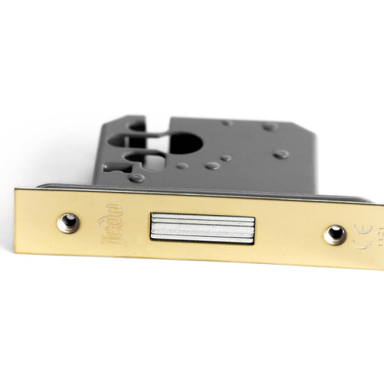 Image showing a Euro Dead Lock with a polished brass faceplate, made by Frelan Hardware.  Available to order from Trade Door Handles in Kendal