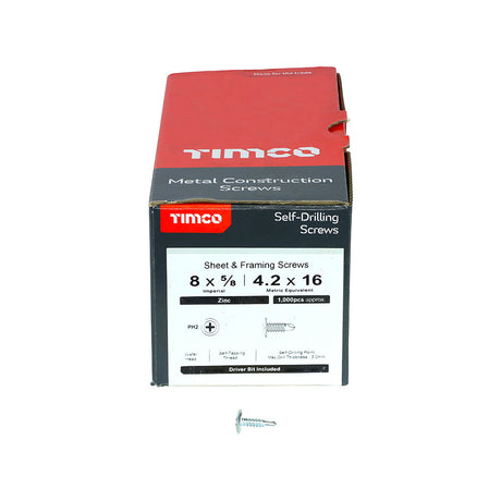 This is an image of Timco - Metal Construction Sheet & Framing Screws - PH - Wafer - Self-Drilling - Zinc 4.2 x 16mm - (1000 PCS Box) 00016WHSD