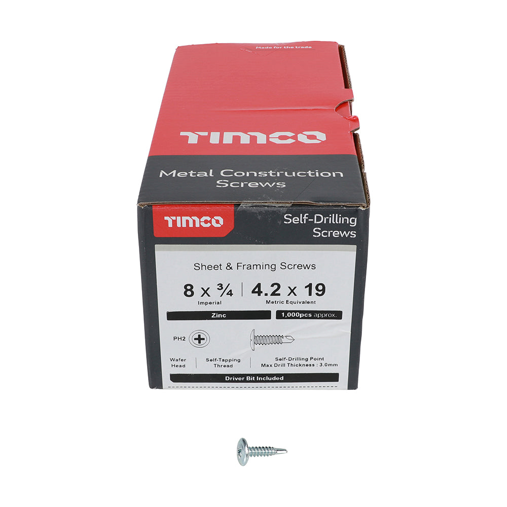 This is an image of Timco - Metal Construction Sheet & Framing Screws - PH - Wafer - Self-Drilling - Zinc 4.2 x 19mm - (1000 PCS Box) 00019WHSD