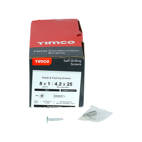 This is an image of Timco - Metal Construction Sheet & Framing Screws - PH - Wafer - Self-Drilling - Zinc 4.2 x 25mm - (1000 PCS Box) 00025WHSD