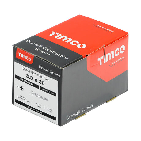 This is an image of Timco - Drywall Dense Board Screws - PH - Reduced Countersunk - High-Low Thread - Black 3.9 x 30mm - (1000 PCS Box) 00030DRYD