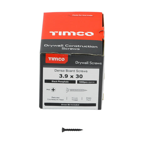 This is an image of Timco - Drywall Dense Board Screws - PH - Reduced Countersunk - High-Low Thread - Black 3.9 x 30mm - (1000 PCS Box) 00030DRYD