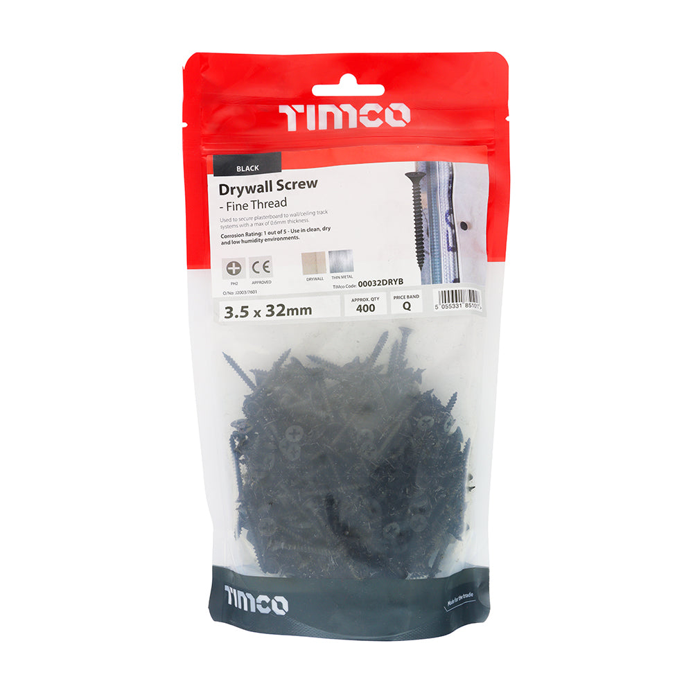 This is an image of Timco - Drywall Screws - Fine Thread - PH - Bugle - Black 3.5 x 32mm - (400 PCS TIMbag) 00032DRYB