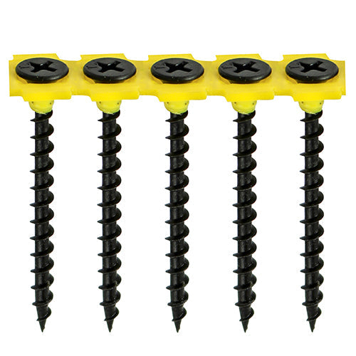 This is an image of Timco - Collated Drywall Screws - PH - Bugle - Coarse Thread - Black 3.5 x 38mm - (1000 PCS Tub) 00038CDRYTUB