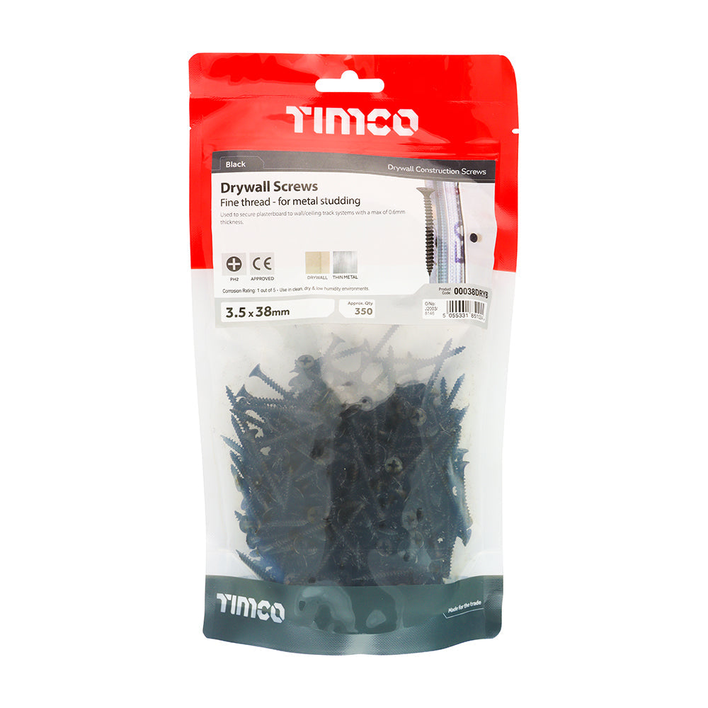 This is an image of Timco - Drywall Screws - Fine Thread - PH - Bugle - Black 3.5 x 38mm - (350 PCS TIMbag) 00038DRYB