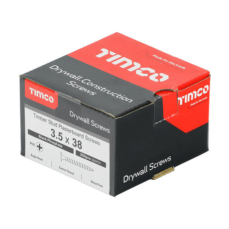 This is an image of Timco - Drywall Screws - PH - Bugle - Coarse Thread - Grey 3.5 x 38mm - (200 PCS Box) 00038DRYCS