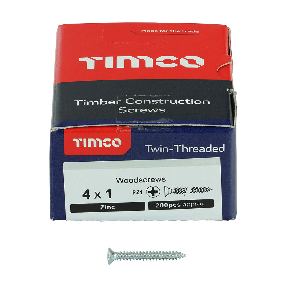 This is an image of Timco - Twin-Threaded Woodscrews - PZ - Double Countersunk - Zinc 4 x 1" - (200 PCS Box) 00041CWZ