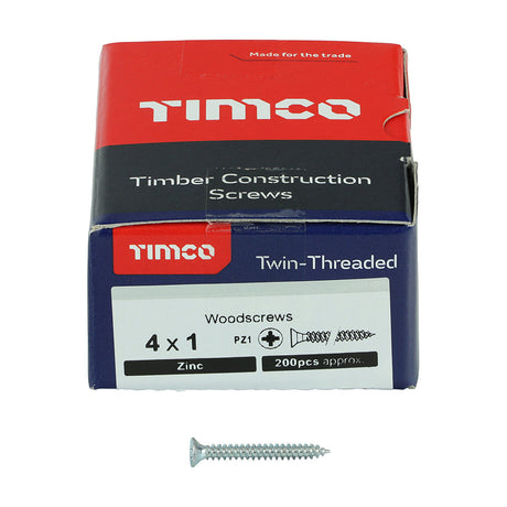 This is an image of Timco - Twin-Threaded Woodscrews - PZ - Double Countersunk - Zinc 4 x 1" - (200 PCS Box) 00041CWZ