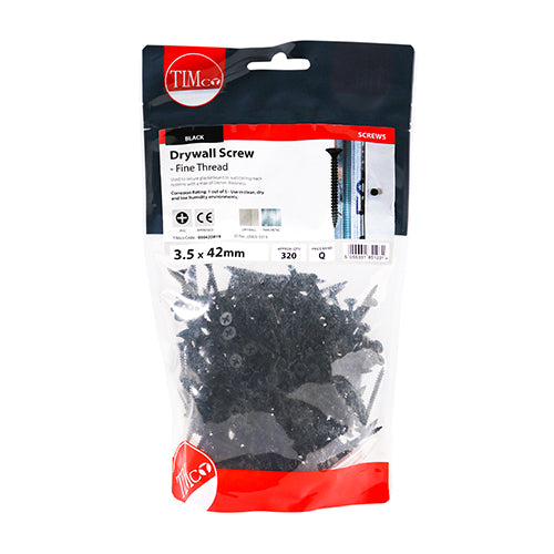 This is an image of Timco - Drywall Screws - Fine Thread - PH - Bugle - Black 3.5 x 42mm - (320 PCS TIMbag) 00042DRYB