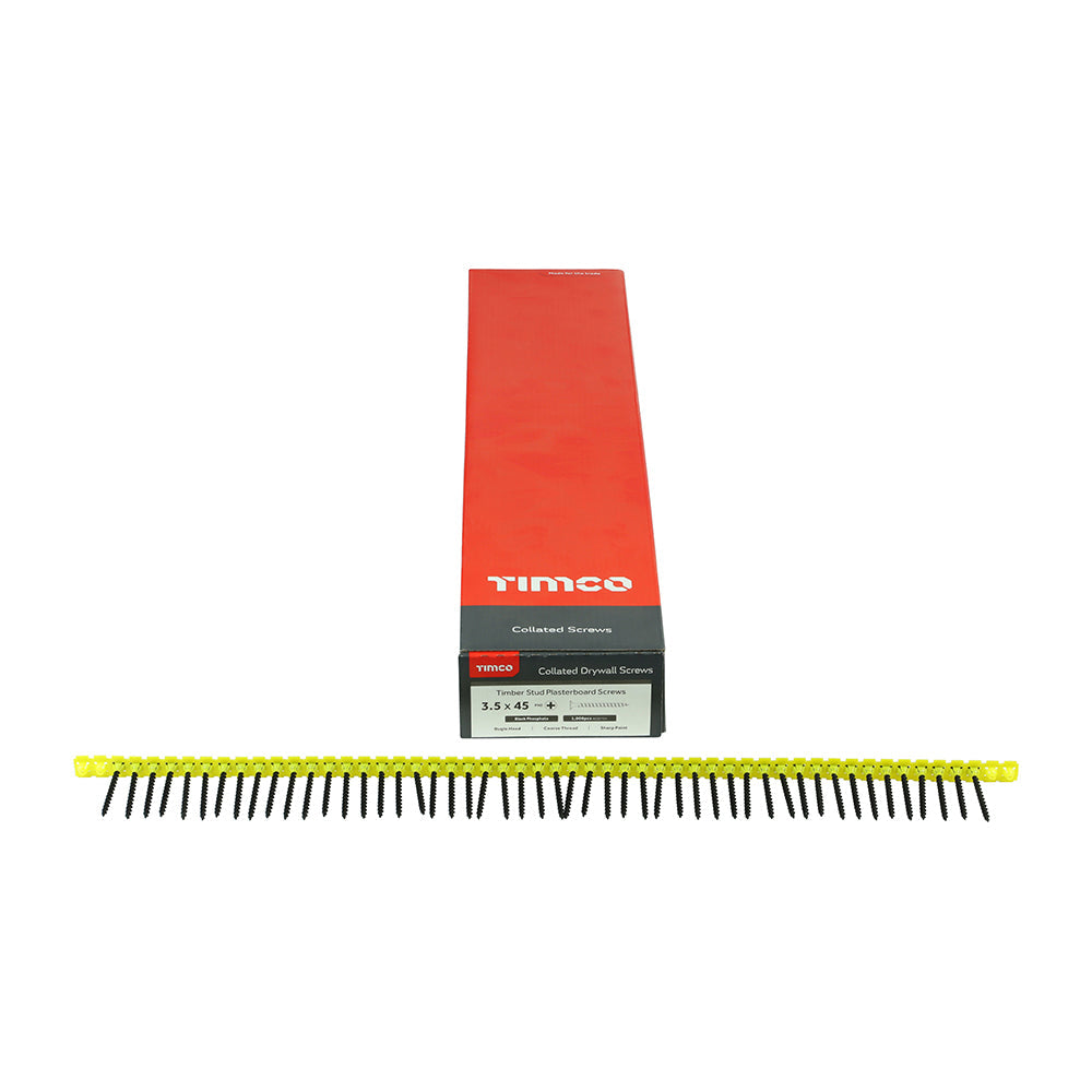 This is an image of Timco - Collated Drywall Screws - PH - Bugle - Coarse Thread - Black 3.5 x 45mm - (1000 PCS Box) 00045COLDYS