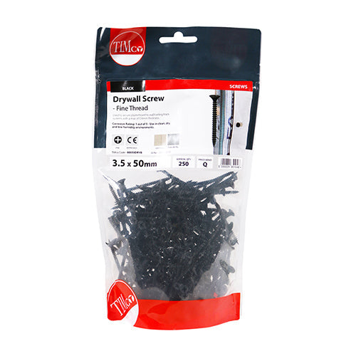 This is an image of Timco - Drywall Screws - Fine Thread - PH - Bugle - Black 3.5 x 50mm - (250 PCS TIMbag) 00050DRYB