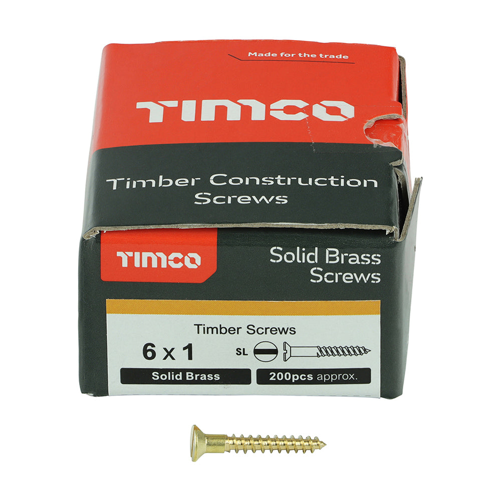 This is an image of Timco - Solid Brass Timber Screws - SLOT - Countersunk 6 x 1" - (200 PCS Box) 00061CBS