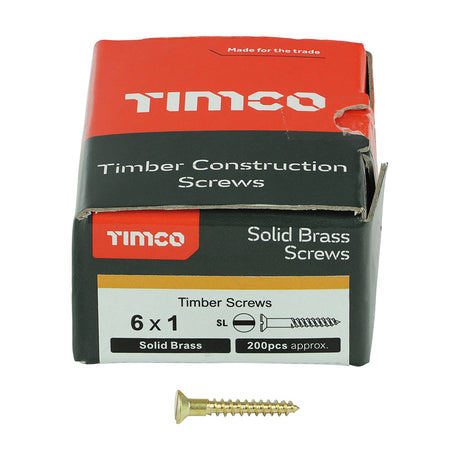 This is an image of Timco - Solid Brass Timber Screws - SLOT - Countersunk 6 x 1" - (200 PCS Box) 00061CBS