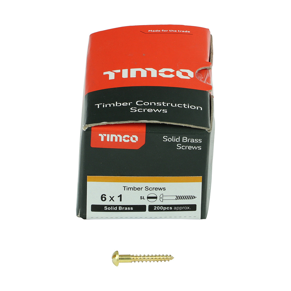 This is an image of Timco - Solid Brass Timber Screws - SLOT - Round 6 x 1" - (200 PCS Box) 00061RBS