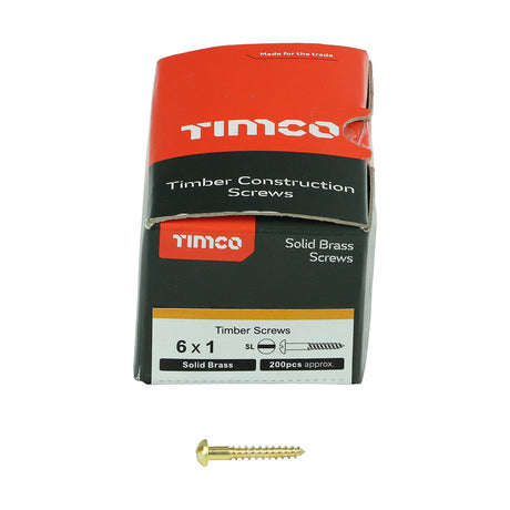 This is an image of Timco - Solid Brass Timber Screws - SLOT - Round 6 x 1" - (200 PCS Box) 00061RBS