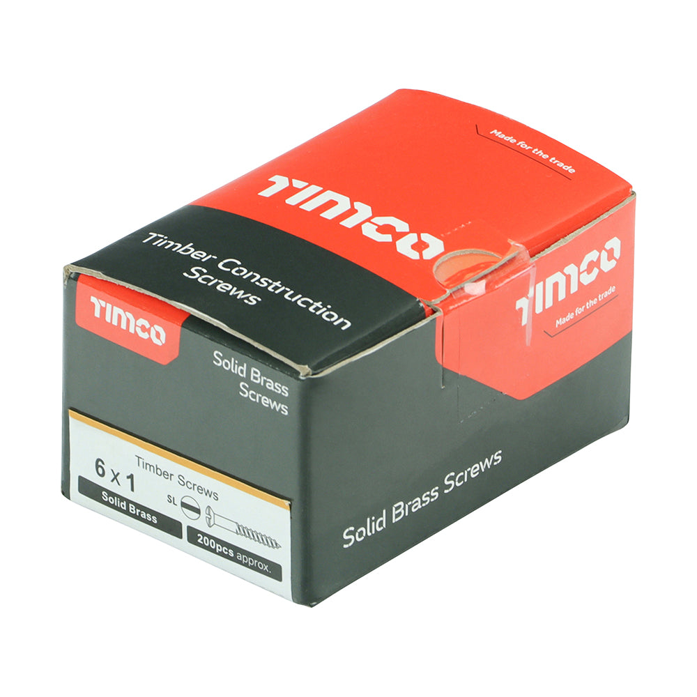 This is an image of Timco - Solid Brass Timber Screws - SLOT - Raised Countersunk 6 x 1" - (200 PCS Box) 00061RRBS
