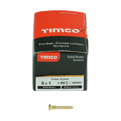 This is an image of Timco - Solid Brass Timber Screws - SLOT - Raised Countersunk 6 x 1" - (200 PCS Box) 00061RRBS