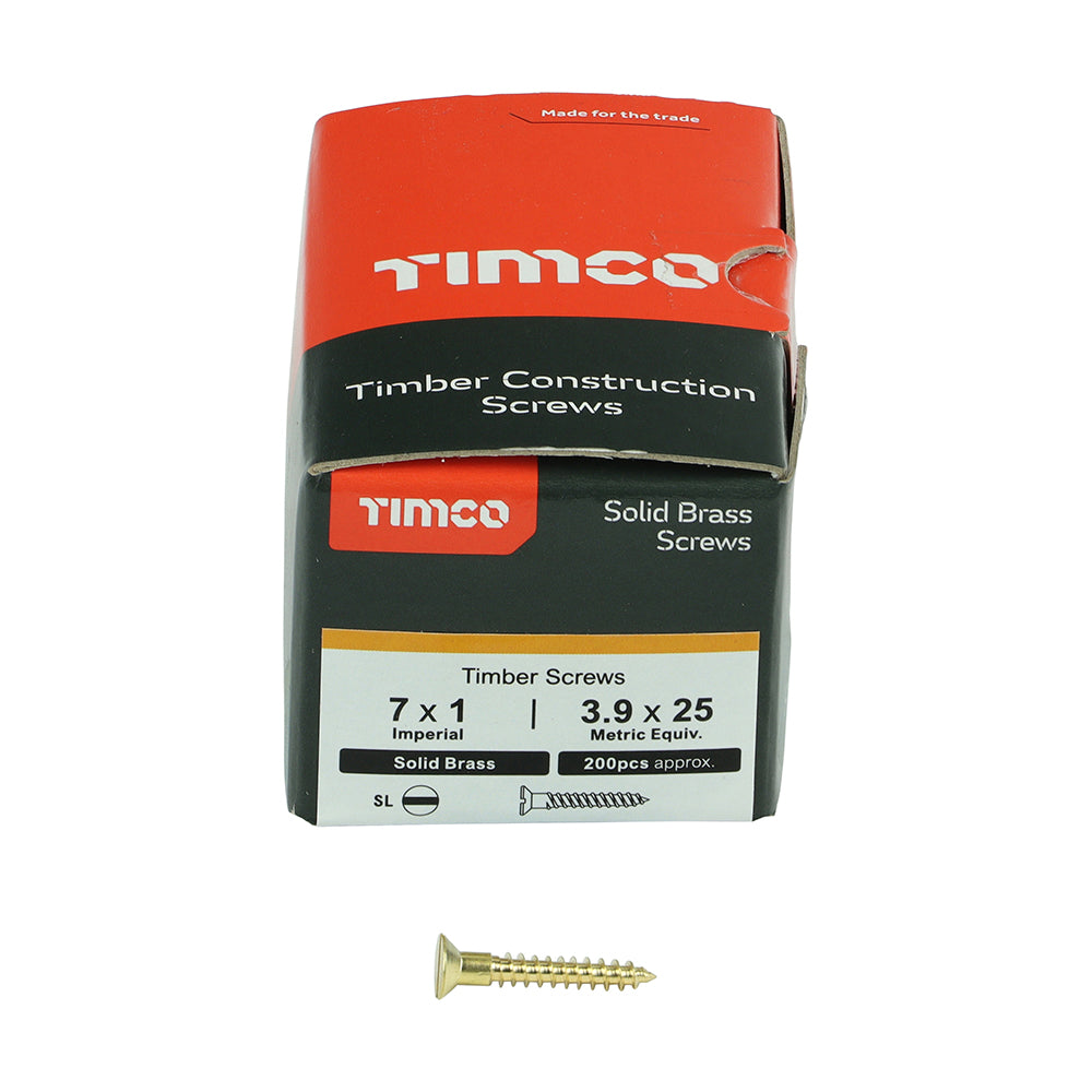 This is an image of Timco - Solid Brass Timber Screws - SLOT - Countersunk 7 x 1" - (200 PCS Box) 00071CBS